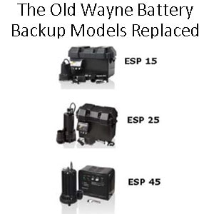 Pictured are the Wayne ESP15, ESP25 and ESP45 Battery Backup Sump Pumps at Pumps Selection.